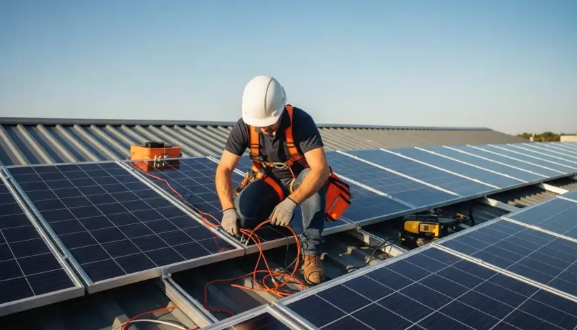 Mann mit Helm und Geschirr installiert PV-Anlage auf einem Dach. Er verbindet Kabel, um die Anlage anzumelden, ohne einen Elektriker zu benötigen.