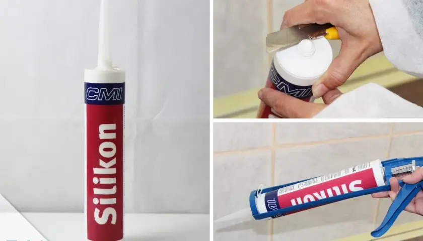 Silikonkartusche wird vorbereitet und aufgetragen. Der Unterschied zwischen Acryl und Silikon ist wichtig für die Anwendung.