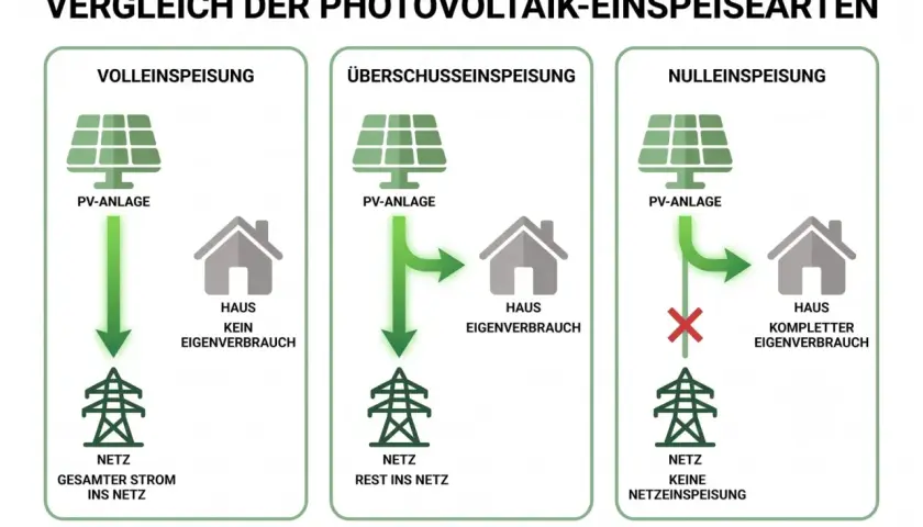 Vergleich von Einspeisearten: Volleinspeisung (Strom ins Netz), Überschusseinspeisung (Rest ins Netz) und Nulleinspeisung (keine Netzeinspeisung, kompletter Eigenverbrauch).