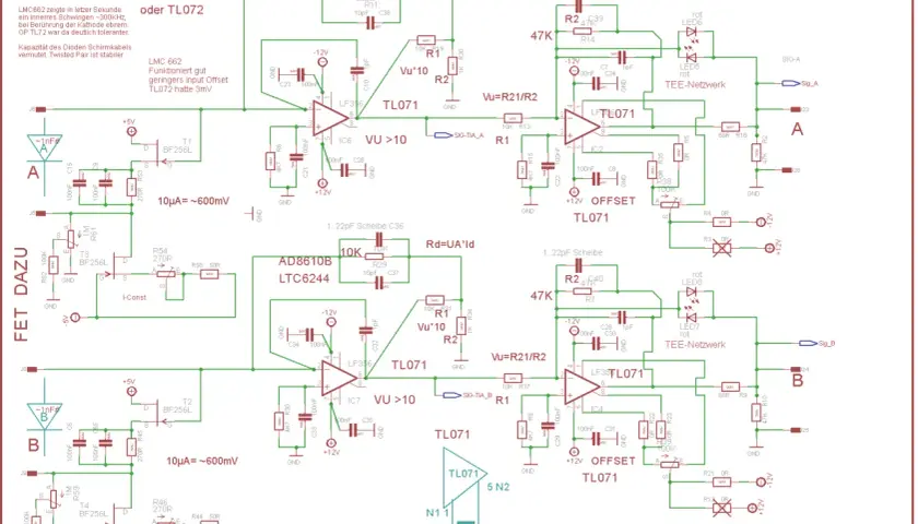 Schaltplan einer Fotodiode-Schaltung mit TL071-Operationsverstärkern und AD8610B-Verstärkern.