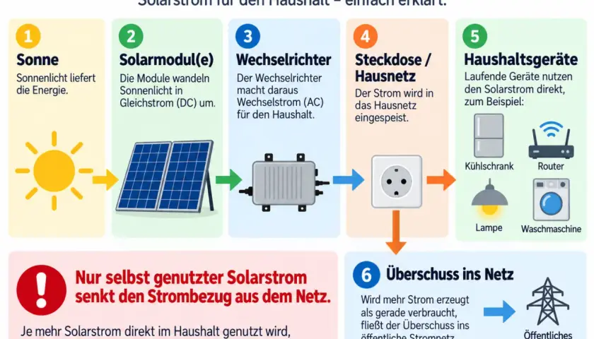 Schema erklärt, wie ein Balkonkraftwerk funktioniert: Sonne, Module, Wechselrichter, Steckdose, Geräte, Überschuss. Warum Balkonkraftwerk anmelden? Für sicheren Betrieb und Einspeisung.