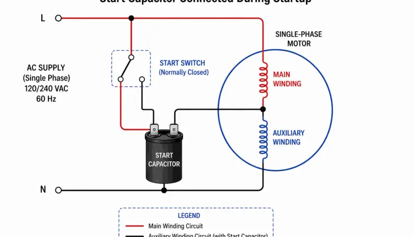 Schaltplan zeigt, wie ein Kondensator beim Start eines Einphasenmotors funktioniert. Er liefert den nötigen Impuls.