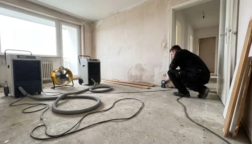Mann prüft Feuchtigkeit nach Wasserschaden. Bautrockner und Ventilator im Einsatz zur Schimmelprävention.