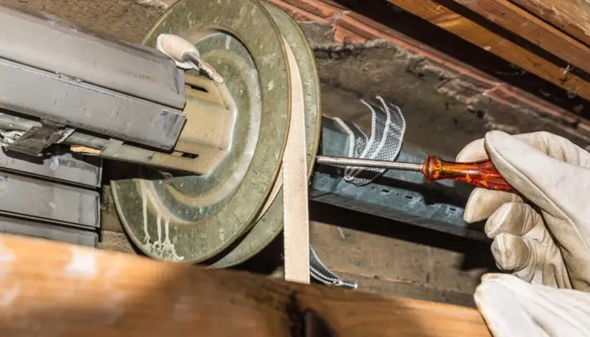 Hand mit Handschuh schraubt am Rollladen. Der alte Rolladengurt wird gewechselt, um den Rollladen wieder funktionsfähig zu machen.