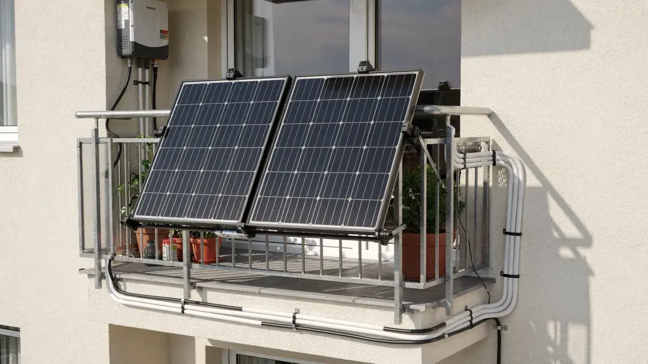 Zwei Solarmodule auf einem Balkongeländer, mit einem Wechselrichter an der Wand. Eine einfache Lösung für solar ohne anmeldung.