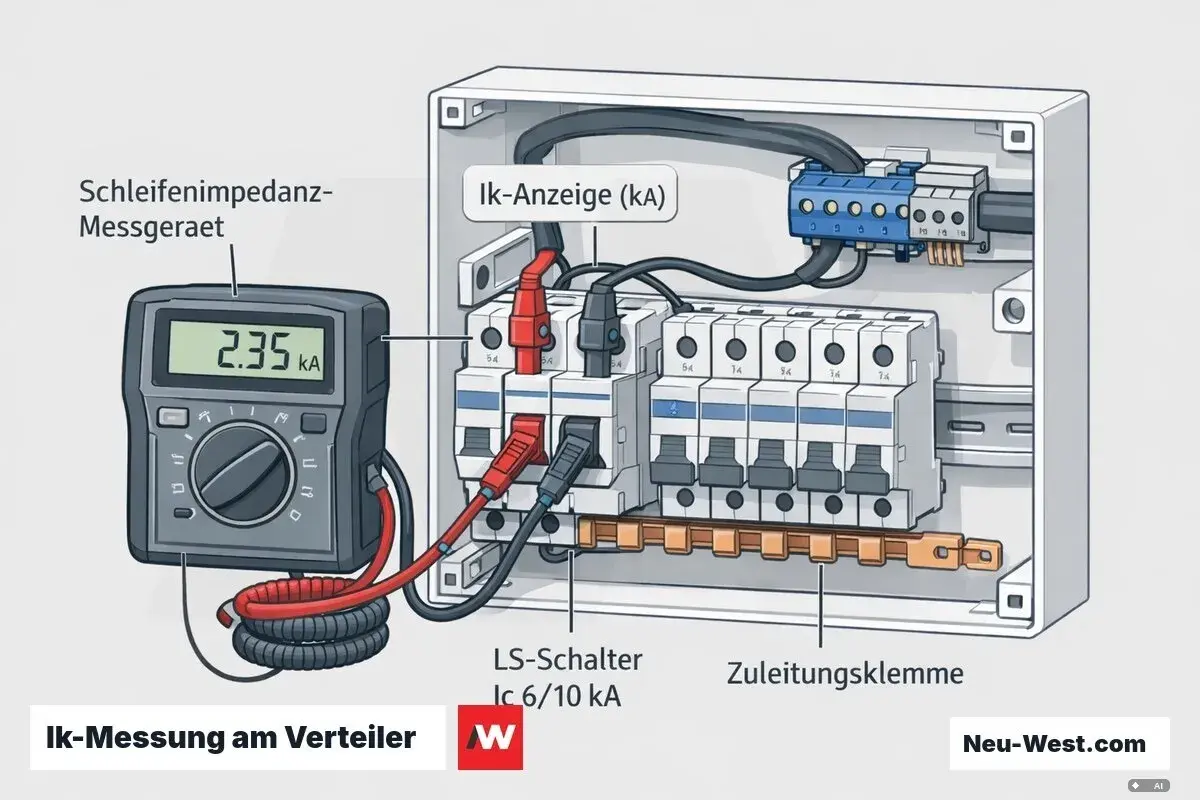 Sicherungskasten Aufbau: Schleifenimpedanz-Messgerät zeigt 2.35 kA an. LS-Schalter und Zuleitungsklemme sind sichtbar.