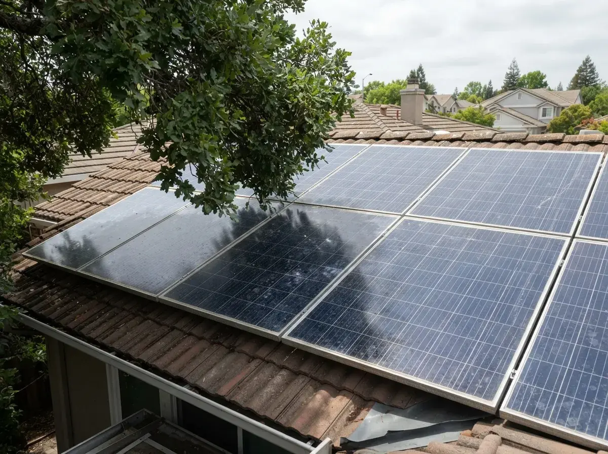 Solarmodule auf einem Ziegeldach, teilweise von einem Baum beschattet. Die PV-Anlage ist gedrosselt, da sie nicht optimal bestrahlt wird.