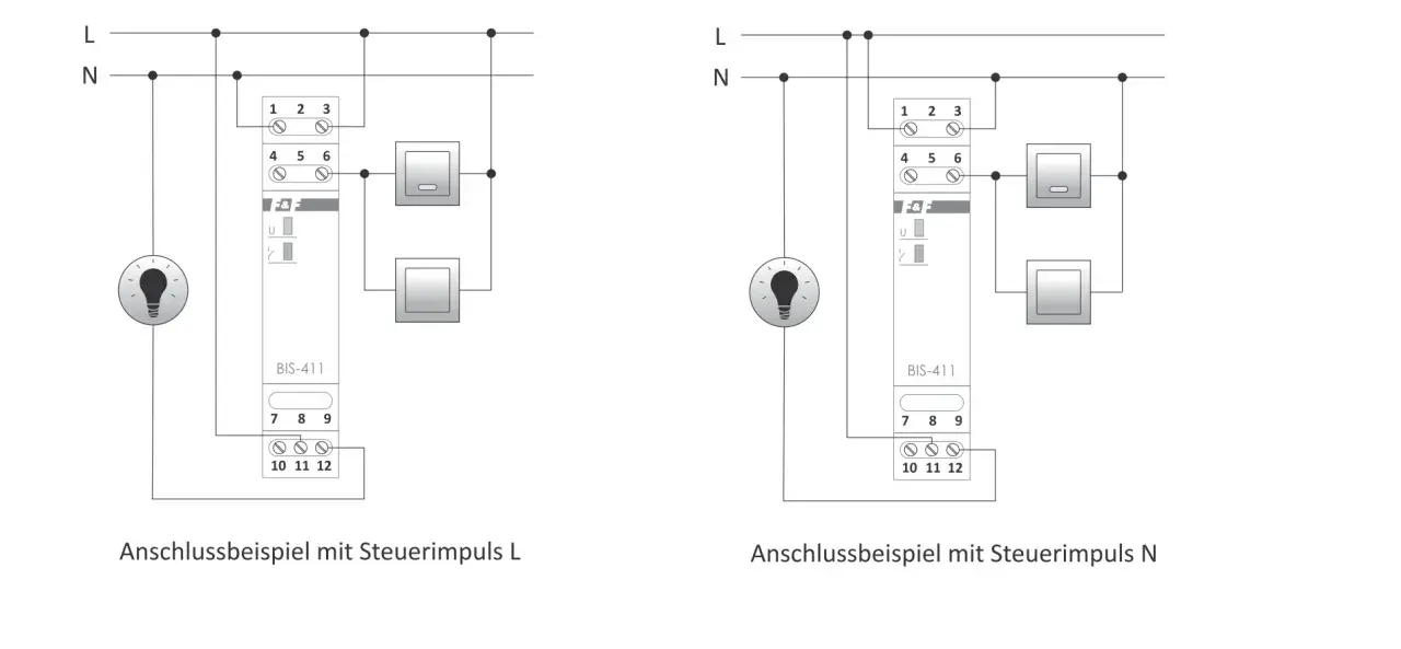 Schaltplan zeigt die bistabiles Relais Funktion mit Steuerimpulsen L und N, die eine Lampe schalten.