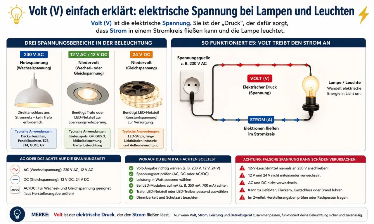 Volt (V) ist der elektrische Druck, der Strom fließen lässt. Das Bild erklärt Spannungsbereiche, Funktionsweise und worauf beim Kauf zu achten ist.