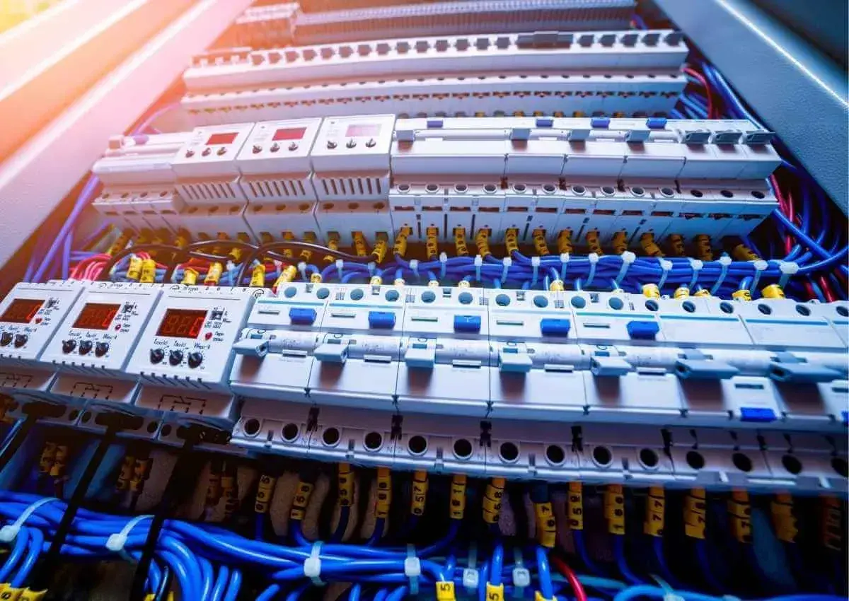 Elektrischer Schaltschrank mit vielen Sicherungen und digitalen Anzeigen. Die **afdd pflicht** sorgt für Sicherheit.