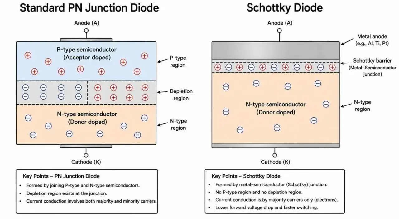 Vergleich PN- und Schottky-Diode. Die Schottky-Diode zeigt eine Metall-Halbleiter-Verbindung für schnelle Anwendungen.