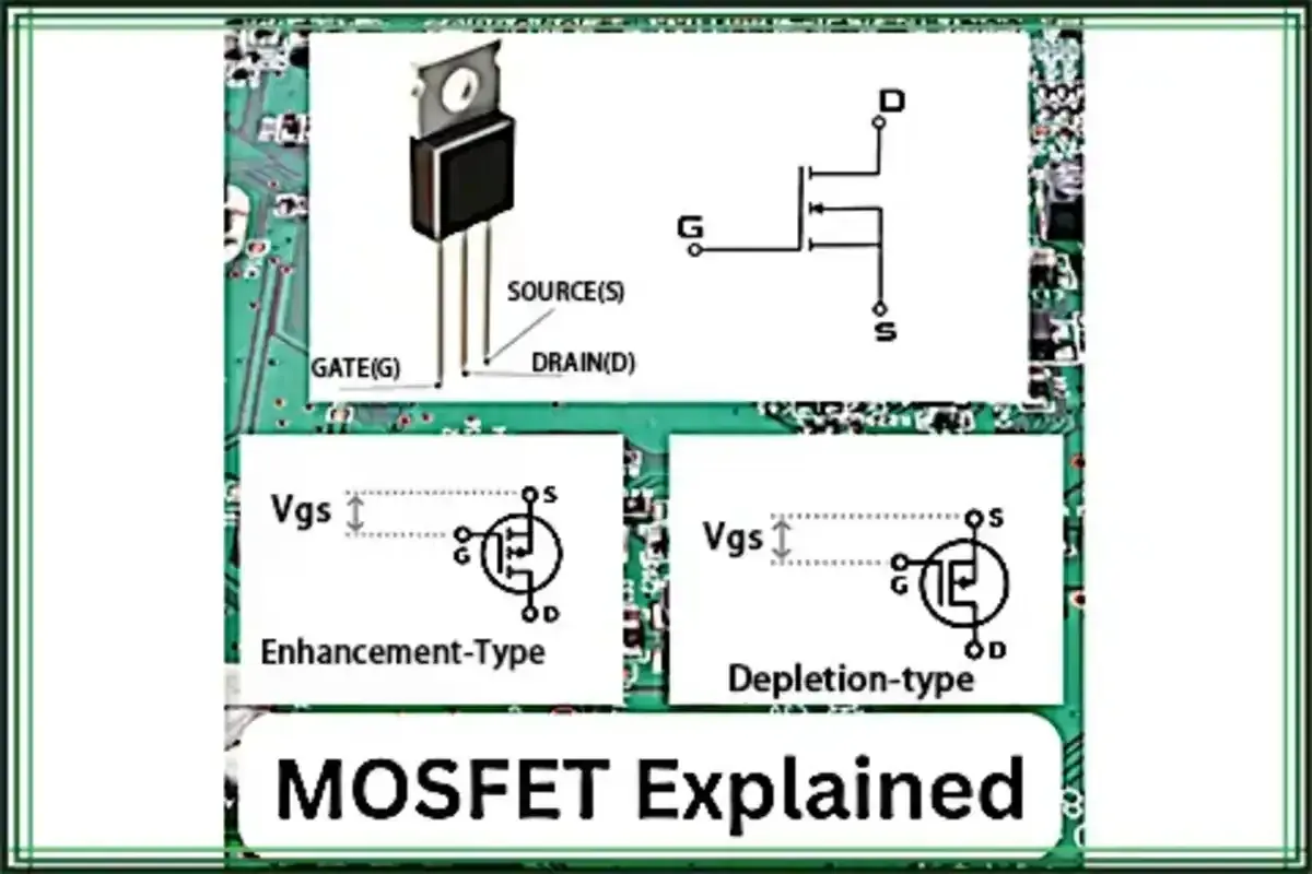 MOSFET-Anwendung: Ein MOSFET-Bauteil, Schaltplan und Symbole für Anreicherungs- und Verarmungstypen.