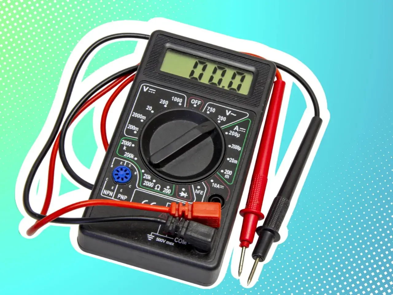 Digitales Multimeter mit roten und schwarzen Messleitungen, bereit, Ampere zu messen.