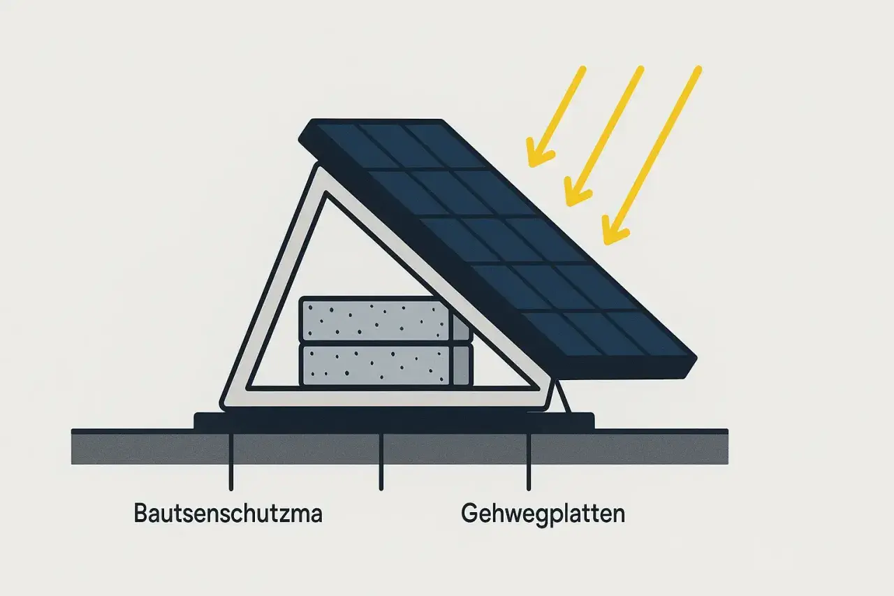 Balkonkraftwerk am Balkon befestigen: Solarmodul auf Gehwegplatten mit Bautenschutzmatte, beschienen von Sonnenstrahlen.
