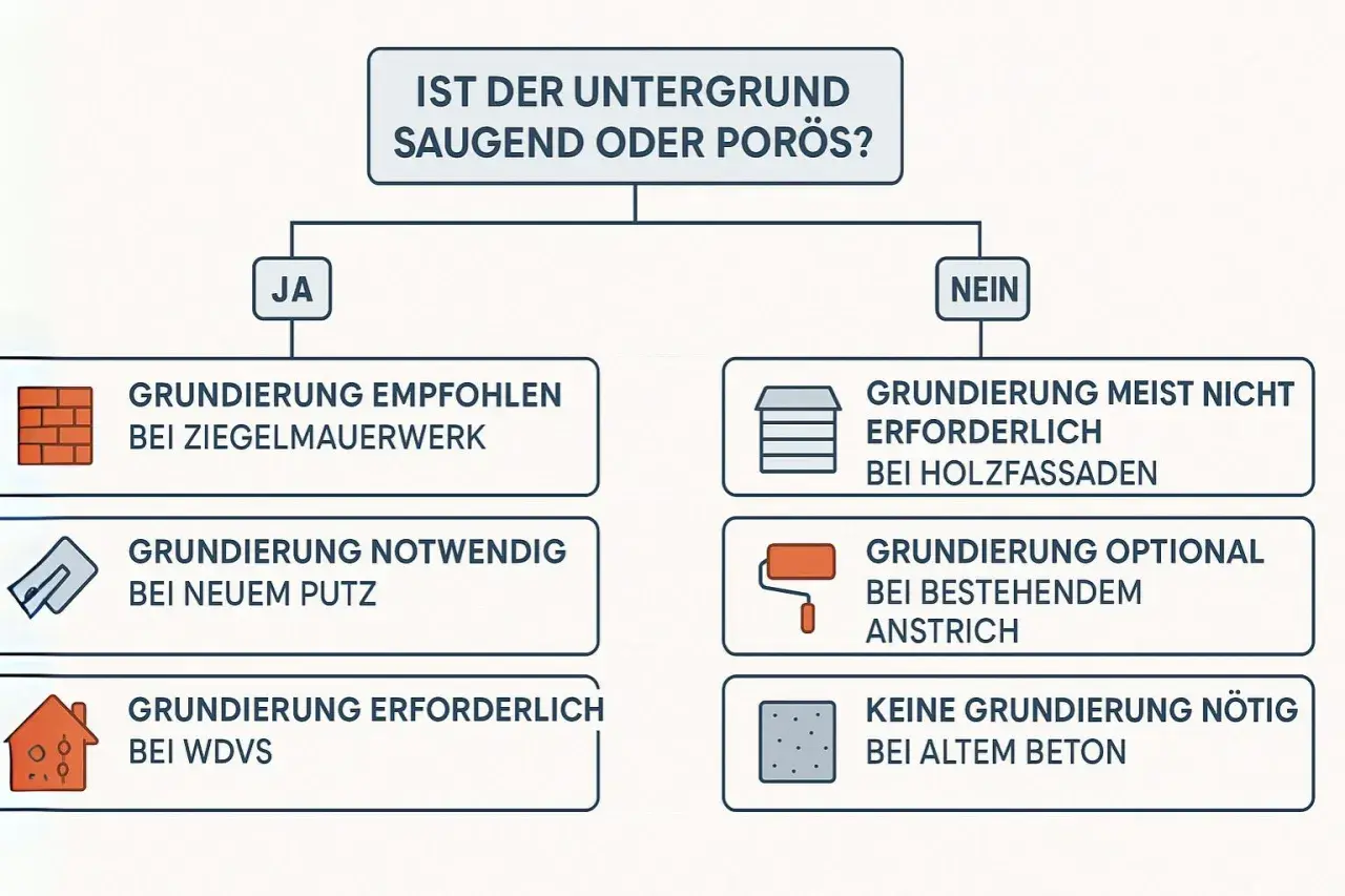 Flussdiagramm: Ist der Untergrund saugend/porös? Ja: Grundierung empfohlen bei Ziegel, notwendig bei Putz, erforderlich bei WDVS. Nein: Grundierung meist nicht nötig bei Holz, optional bei altem Anstrich, keine Grundierung bei Beton.