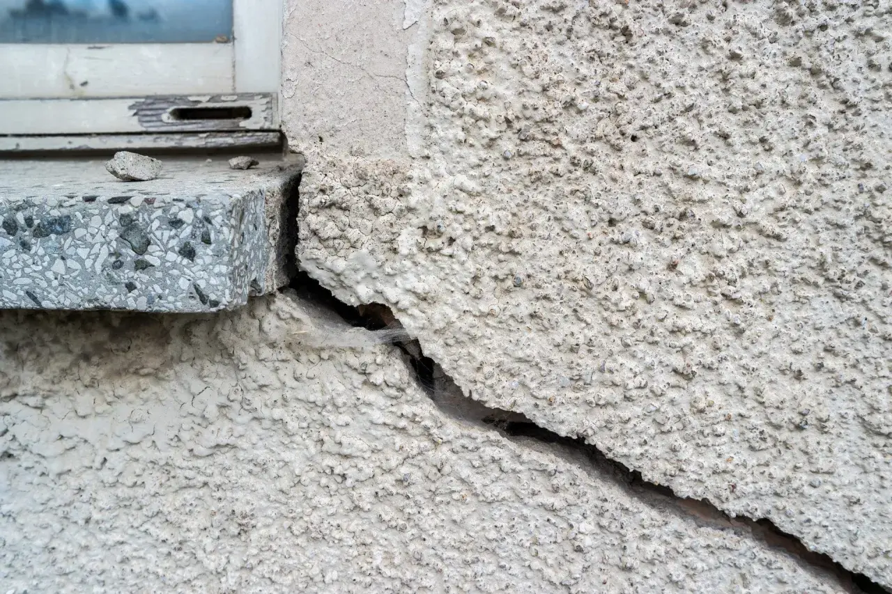 Tiefe setzrisse altbau, die sich vom Fensterrahmen aus durch die raue Fassade ziehen.