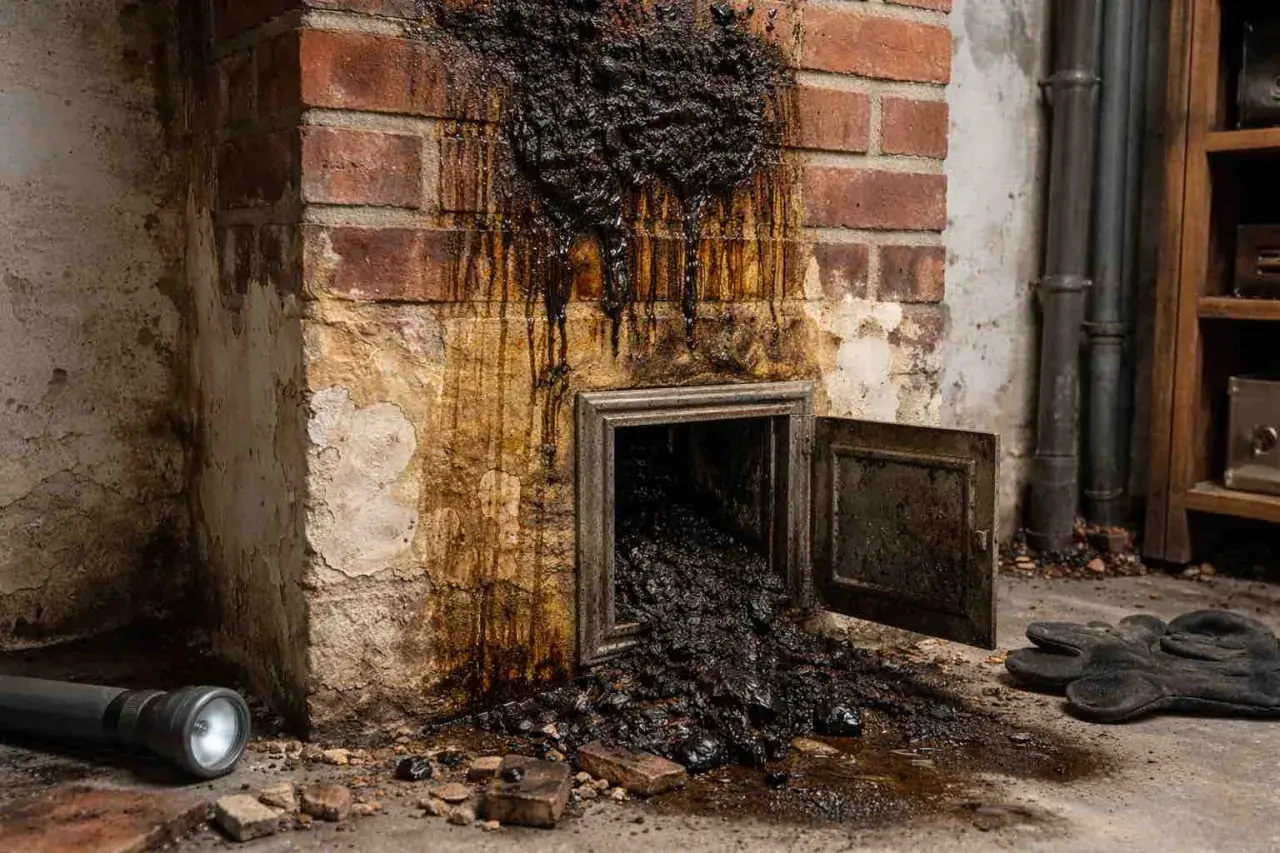 Schwarzer Ruß tropft aus einem Kamin, der eine **Versottung** zeigt. Eine Klappe ist geöffnet, und Ruß fällt heraus. Handschuhe und eine Taschenlampe liegen daneben.