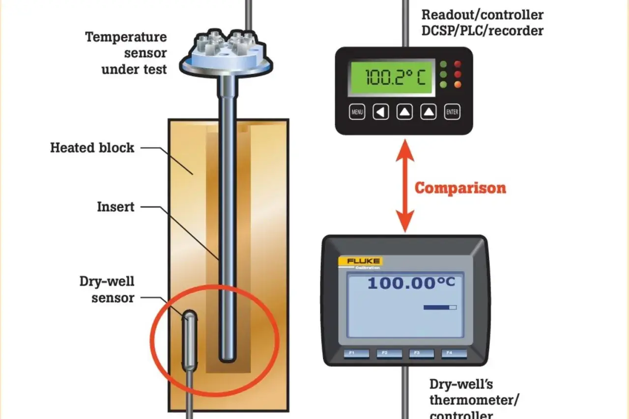 Vergleich eines zu prüfenden Temperatursensors mit einem Referenzthermometer zur Kalibrierung.