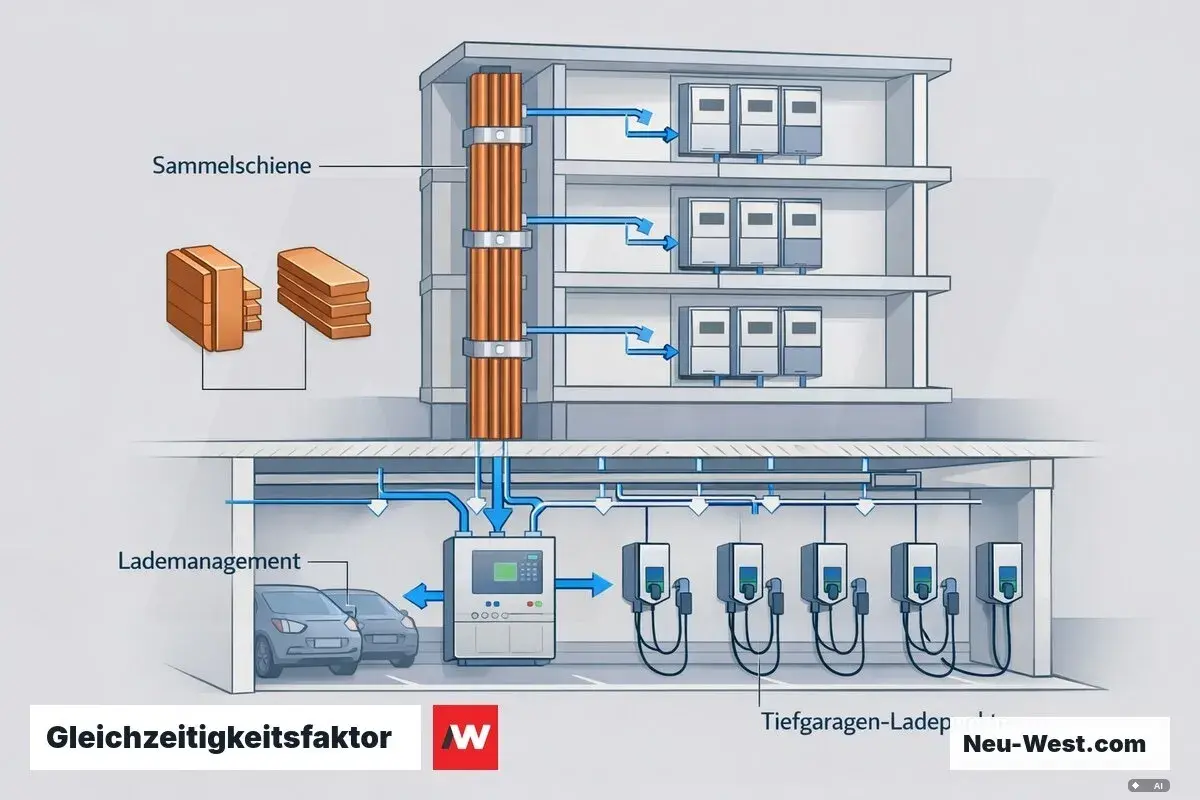 Schema einer Elektroinstallation mit Sammelschiene, Lademanagement und Tiefgaragen-Ladepunkten. Die Sicherungskasten Beschriftung ist hier nicht direkt sichtbar, aber die Funktion wird klar.