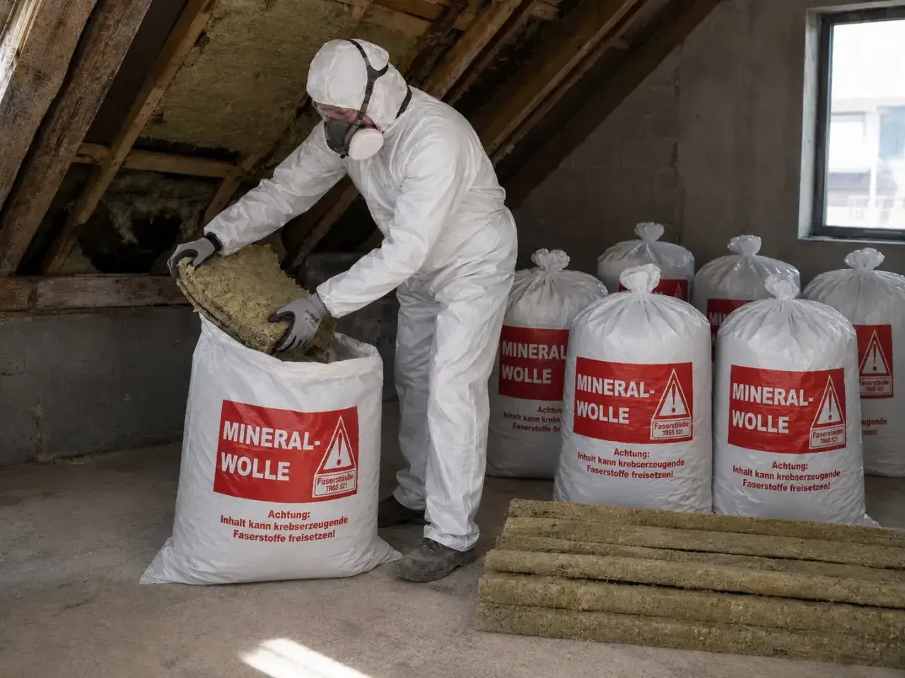 Mann in Schutzkleidung packt Mineralwolle in Säcke. Mehrere Säcke mit der Aufschrift "MINERALWOLLE" stehen bereit zur fachgerechten Entsorgung.
