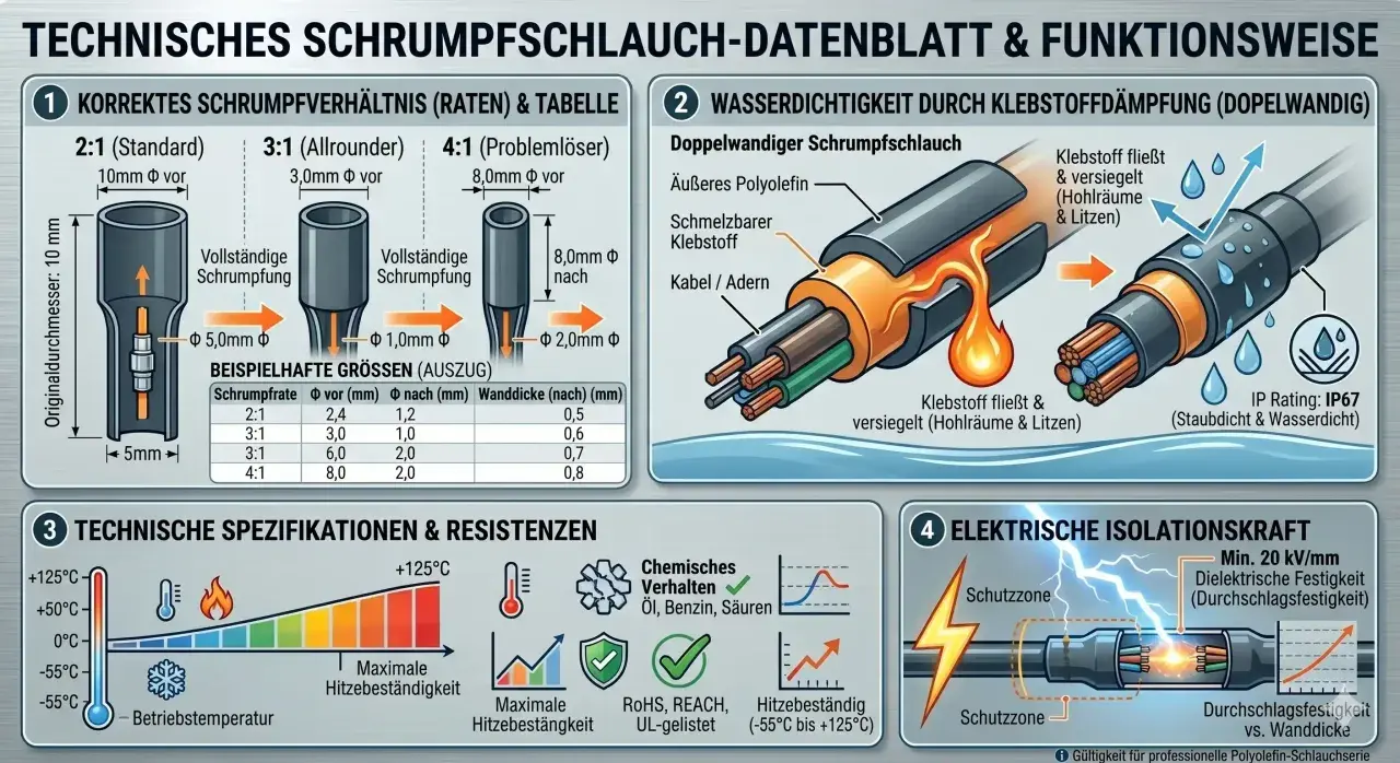 Schrumpfschlauch-Datenblatt: zeigt Schrumpfverhältnisse, Wasserdichtigkeit durch Klebstoff, technische Spezifikationen wie Betriebstemperatur und Hitzebeständigkeit, sowie elektrische Isolationskraft.
