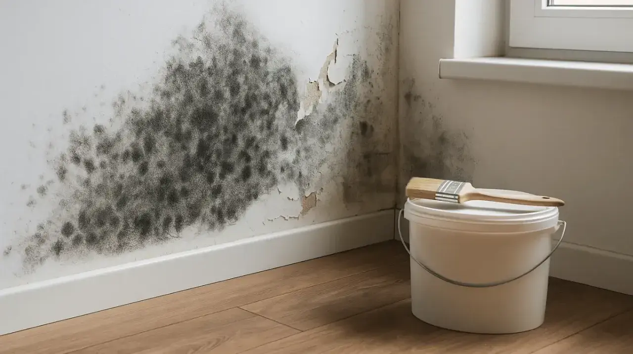 Großer **Schimmel an der Wand** breitet sich aus. Ein Farbeimer und Pinsel stehen bereit, um das Problem zu beheben.