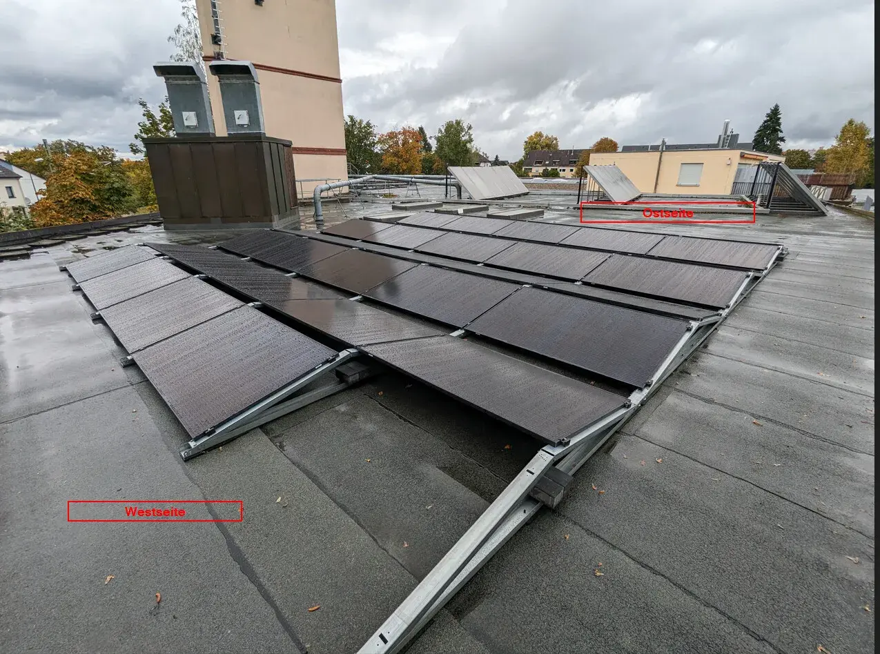 Flachdach mit Solarmodulen, aufgeteilt in Westseite und Ostseite für optimale Wechselrichter-Leistung.