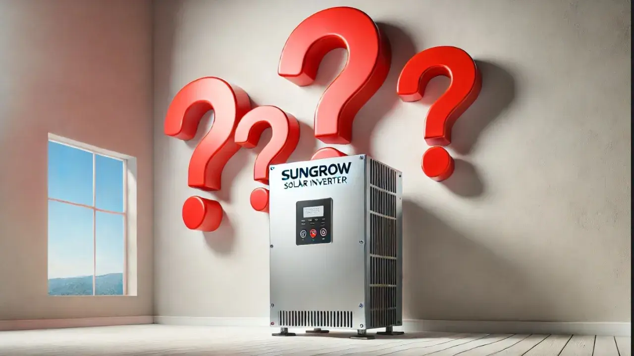Fragen über Sungrow Nulleinspeisung? Ein Wechselrichter steht im Raum, umgeben von roten Fragezeichen.