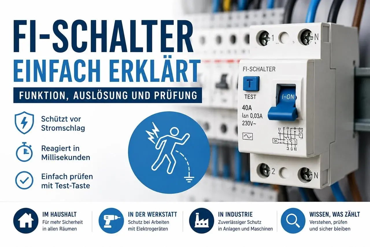 Ein FI-Schalter schützt vor Stromschlag, reagiert blitzschnell und ist einfach zu prüfen. Er ist unverzichtbar für Sicherheit im Haushalt, in der Werkstatt und in der Industrie.