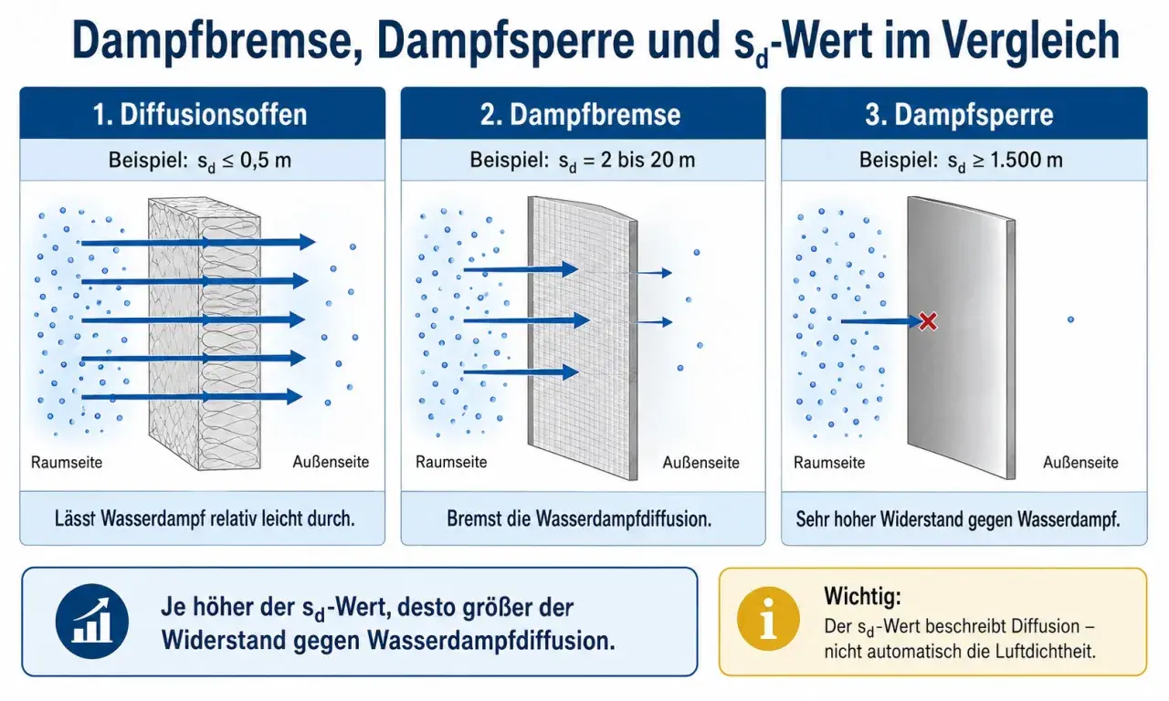 Vergleich von diffusionsoffen, Dampfbremse und Dampfsperre. Je höher der sd-Wert, desto größer der Widerstand gegen Wasserdampfdiffusion.