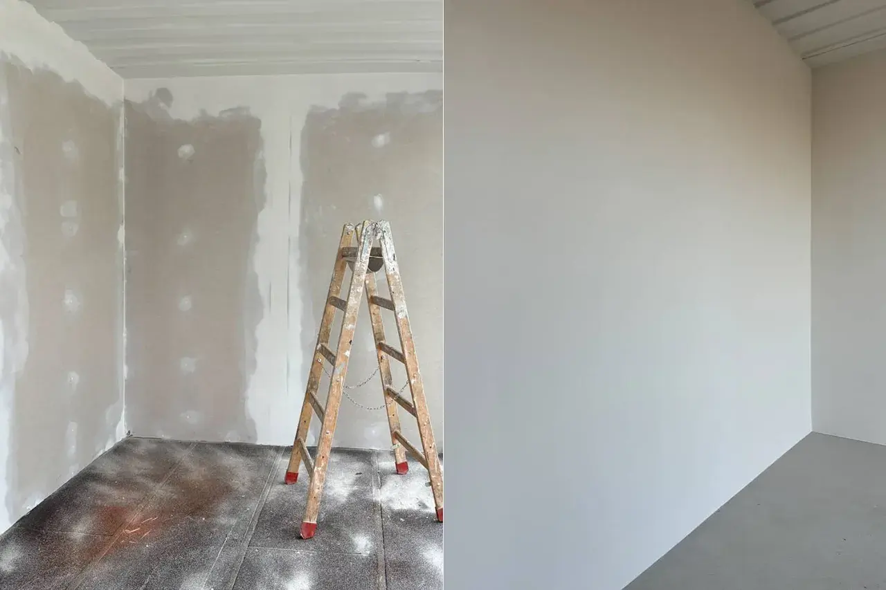 Vorher-Nachher-Vergleich: Gipskarton streichen ohne Tapete. Links unfertige Wand mit Leiter, rechts fertig gestrichene, glatte Wand.