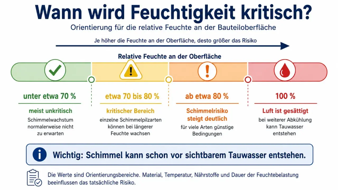 Im Sommer kann 70 prozent Luftfeuchtigkeit kritisch werden. Ab 80% steigt das Schimmelrisiko deutlich.