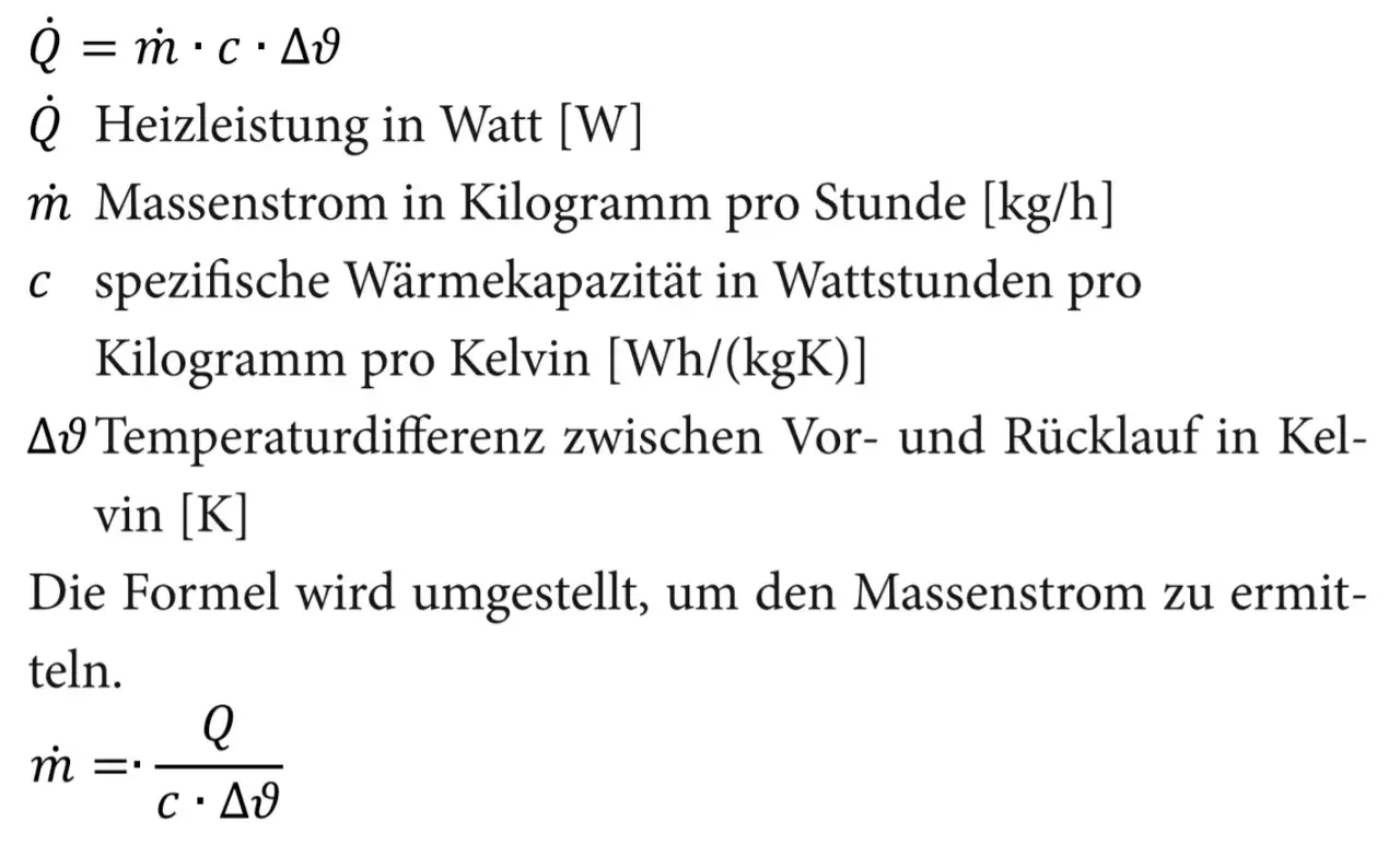 Formel zur Berechnung der Heizleistung und des Massenstroms, wichtig für die heizungspumpe durchflussmenge.