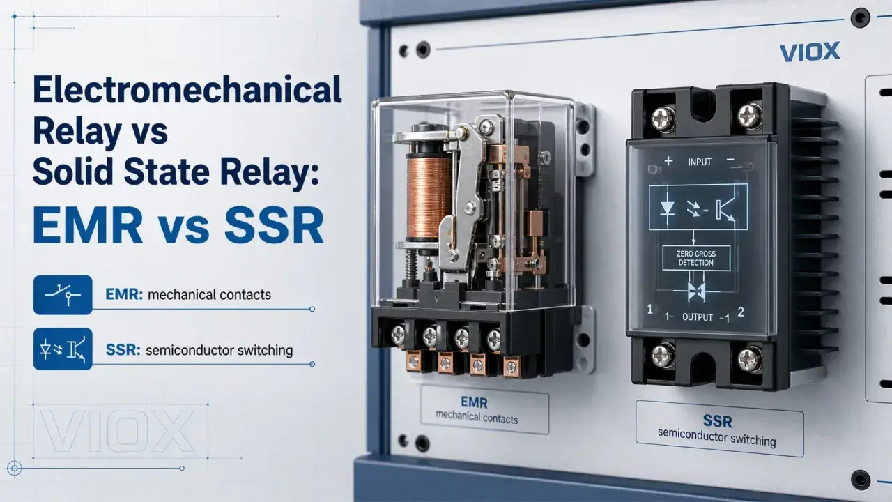 Vergleich von EMR und SSR. Ein mechanisches Relais (EMR) und ein Solid State Relais (SSR) werden gezeigt. Nachteile von Solid State Relais sind nicht direkt ersichtlich, aber die Technologie wird erklärt.