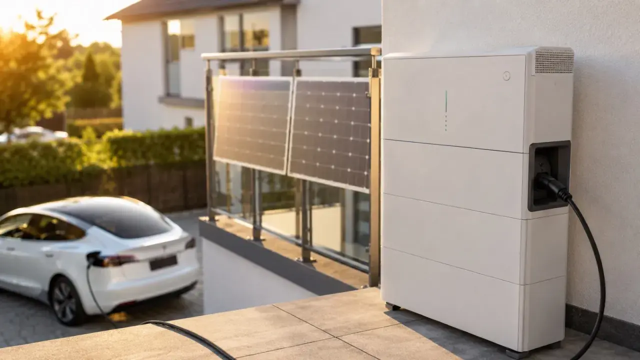 Ein Balkonkraftwerk lädt ein E-Auto. Solarmodule auf dem Balkongeländer und ein Speichergerät mit Ladekabel sind zu sehen.