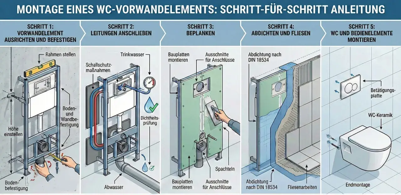 Schritt-für-Schritt-Anleitung zur Montage eines WC-Vorwandelements im Trockenbau: Rahmen ausrichten, Leitungen anschließen, beplanken, abdichten und Fliesen anbringen, bis zur Endmontage des WCs.