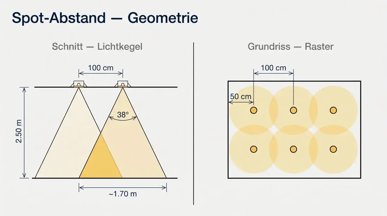 Schema zur Berechnung des abstands von LED Spots. Zeigt Lichtkegel und Grundriss mit Raster.