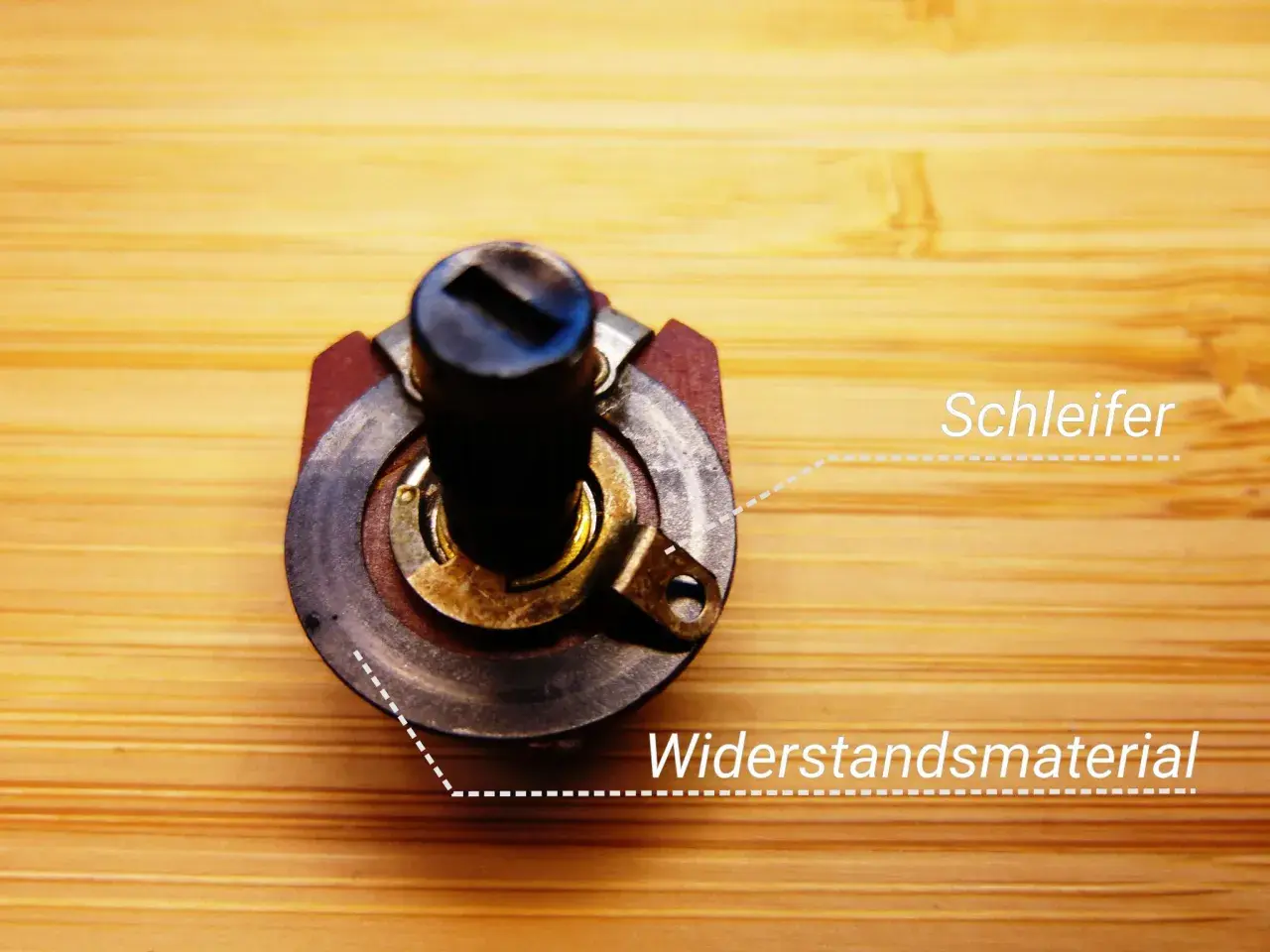 Ein Potentiometer mit Schleifer und Widerstandsmaterial. So funktioniert ein Potentiometer.