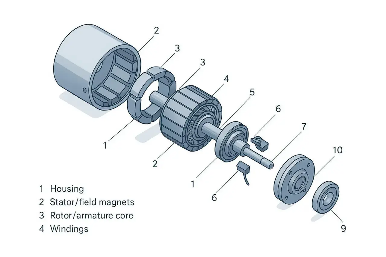 Explosionszeichnung eines Gleichstrommotors: Gehäuse (1), Stator/Magneten (2), Rotor/Anker (3) mit Wicklungen (4). So funktioniert ein DC Motor.