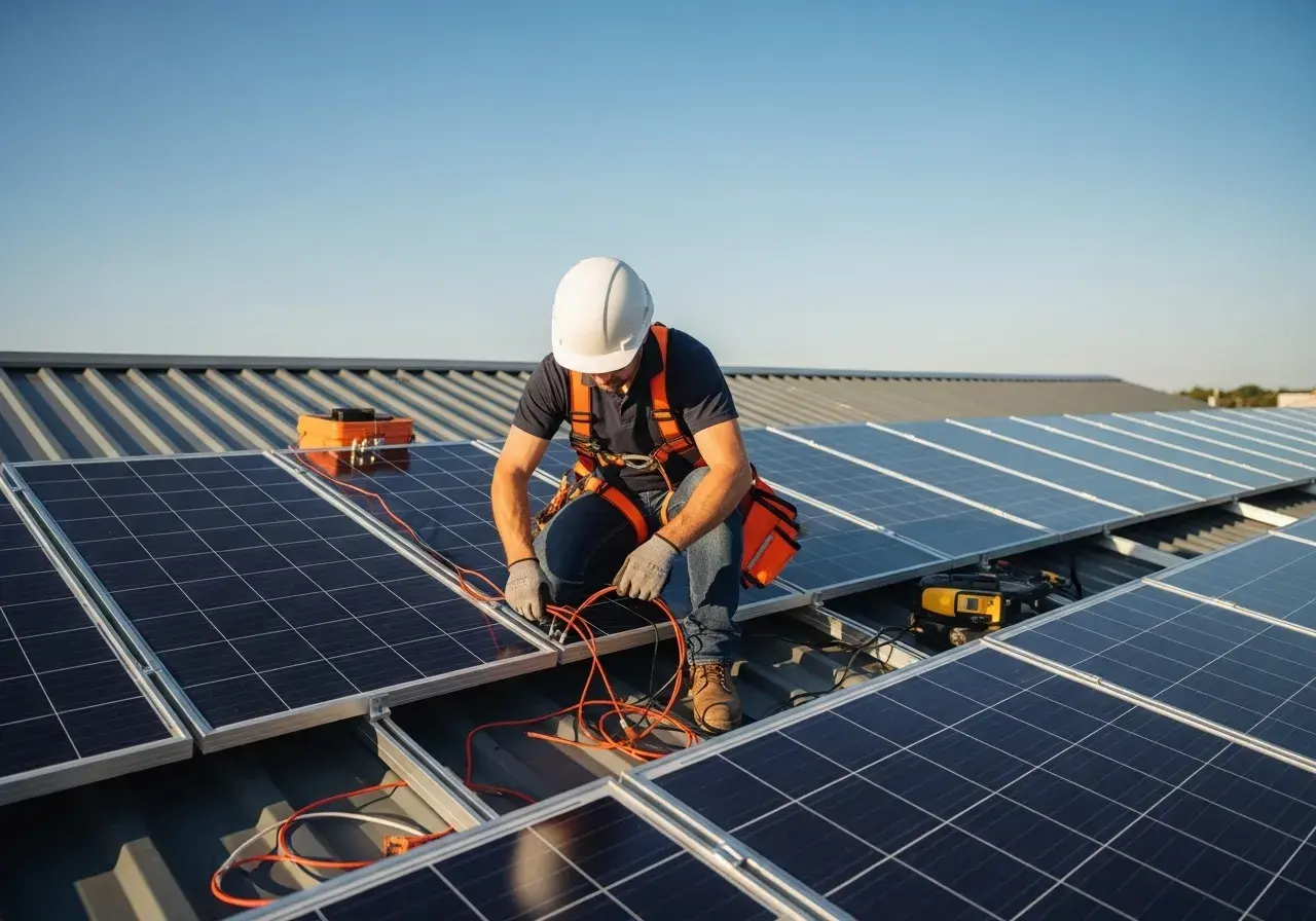 Mann mit Helm und Geschirr installiert PV-Anlage auf einem Dach. Er verbindet Kabel, um die Anlage anzumelden, ohne einen Elektriker zu benötigen.