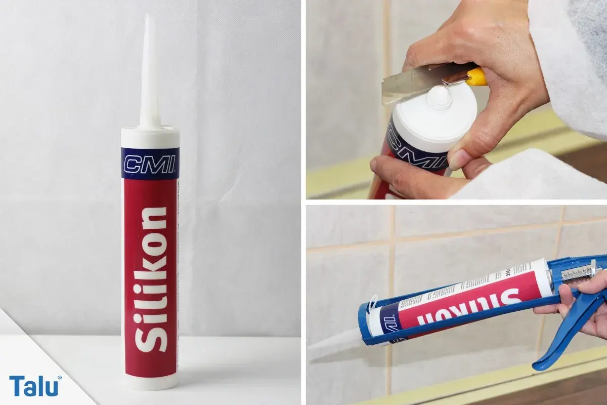 Silikonkartusche wird vorbereitet und aufgetragen. Der Unterschied zwischen Acryl und Silikon ist wichtig für die Anwendung.