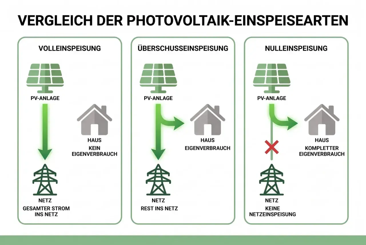 Vergleich von Einspeisearten: Volleinspeisung (Strom ins Netz), Überschusseinspeisung (Rest ins Netz) und Nulleinspeisung (keine Netzeinspeisung, kompletter Eigenverbrauch).
