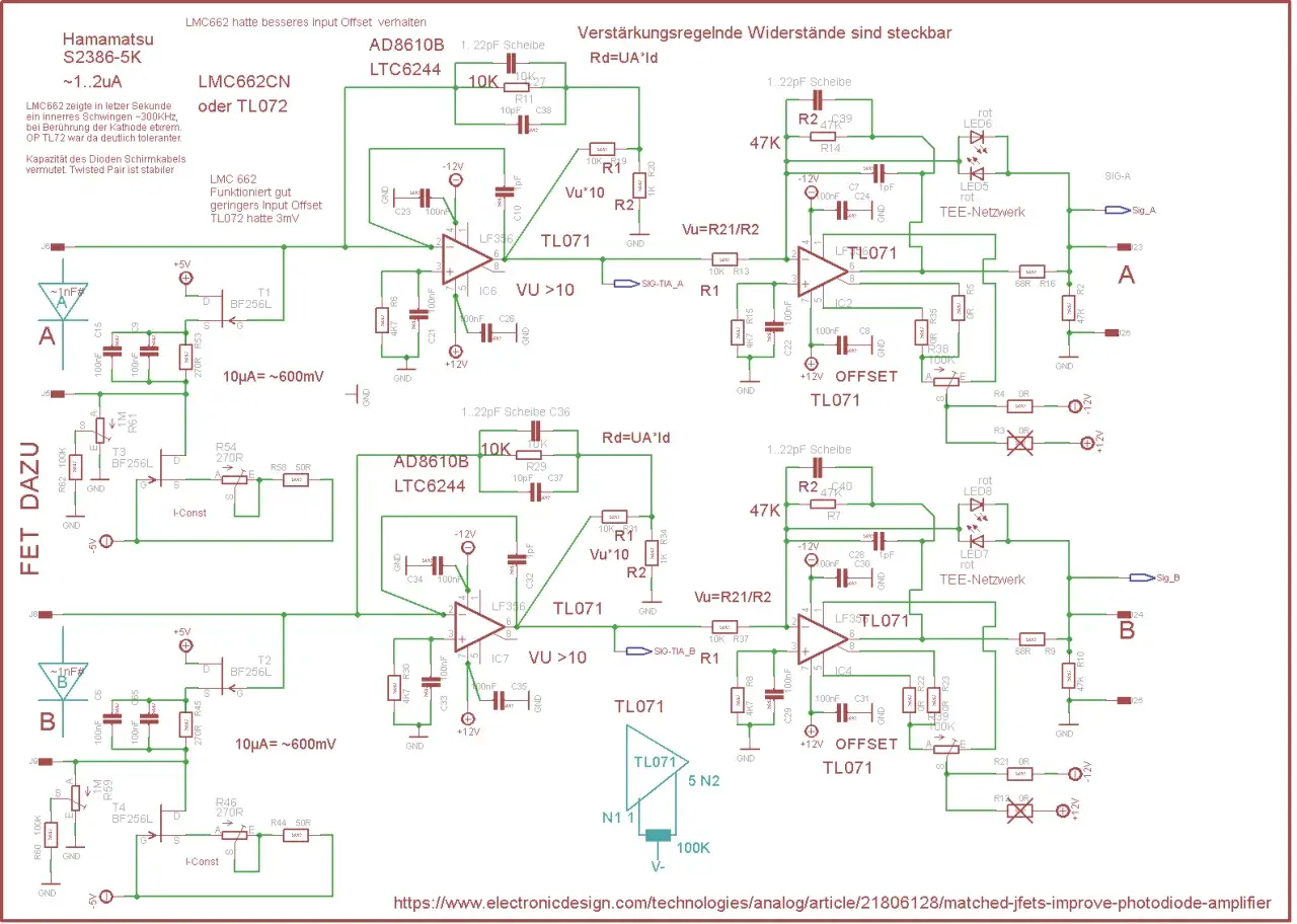 Schaltplan einer Fotodiode-Schaltung mit TL071-Operationsverstärkern und AD8610B-Verstärkern.