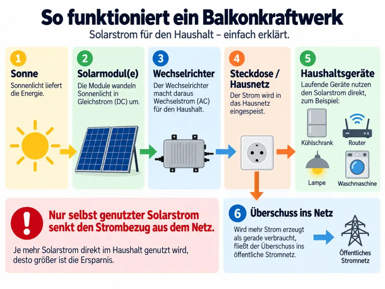 Schema erklärt, wie ein Balkonkraftwerk funktioniert: Sonne, Module, Wechselrichter, Steckdose, Geräte, Überschuss. Warum Balkonkraftwerk anmelden? Für sicheren Betrieb und Einspeisung.