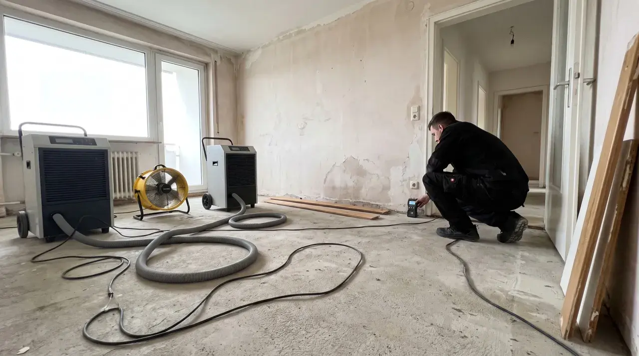 Mann prüft Feuchtigkeit nach Wasserschaden. Bautrockner und Ventilator im Einsatz zur Schimmelprävention.
