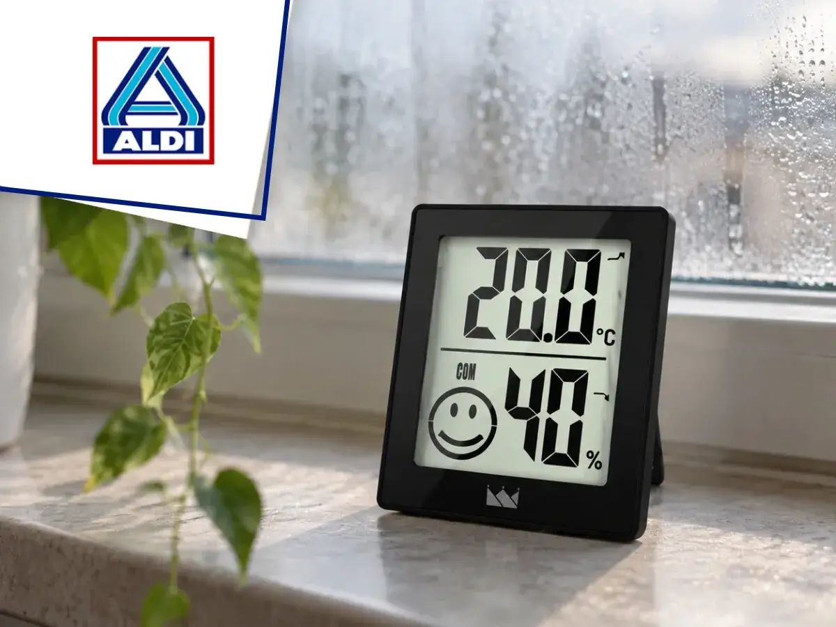 Ein Hygrometer zeigt 40% Luftfeuchtigkeit an, ein Hinweis auf m&ouml;glichen Schimmel in der Wohnung. Daneben ein Aldi-Logo.