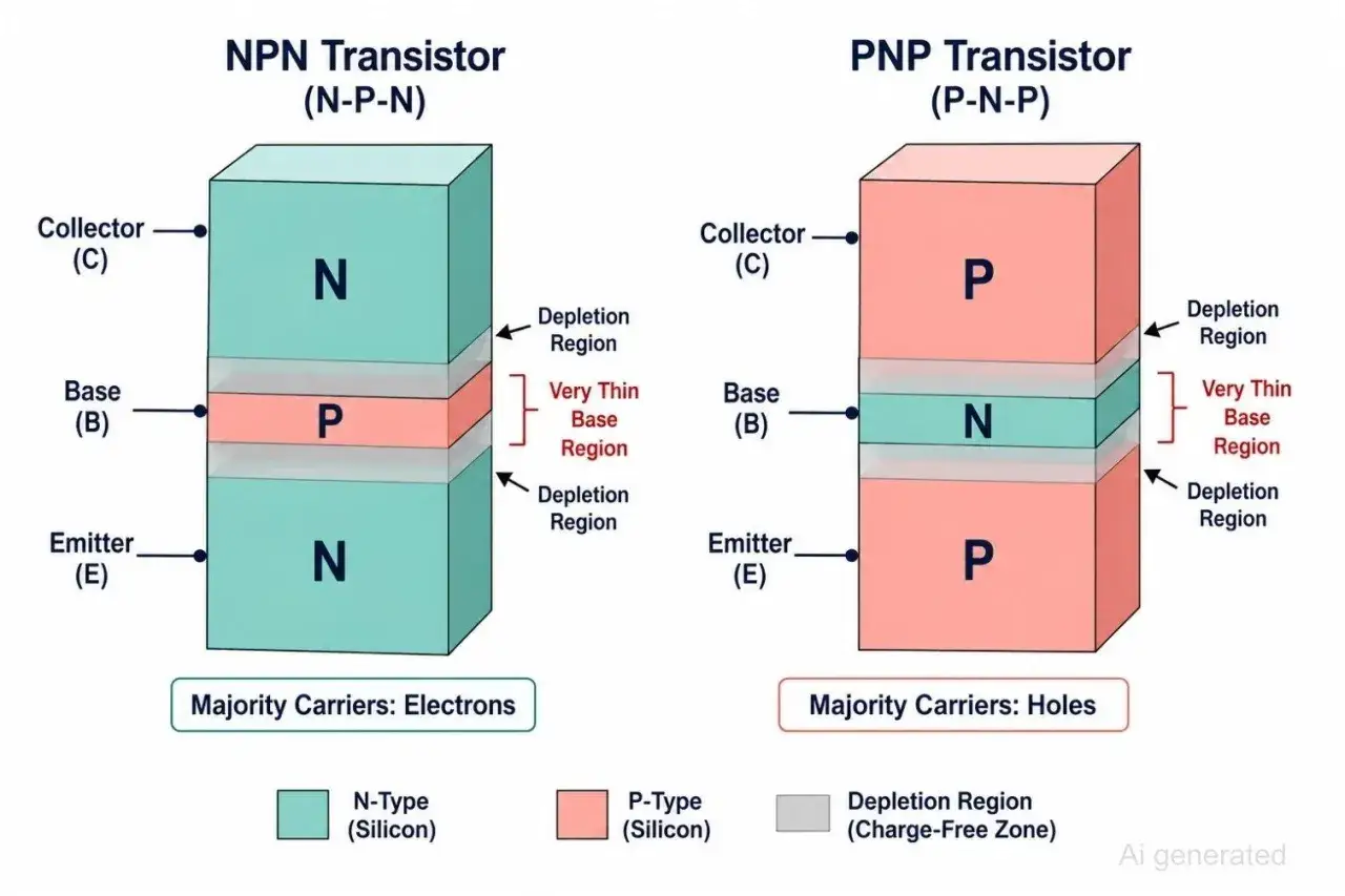 Aufbau NPN- und PNP-Transistor: N-P-N mit Elektronen als Majorit&auml;tstr&auml;ger, P-N-P mit L&ouml;chern. Beide zeigen Kollektor, Basis, Emitter und Verarmungszonen.