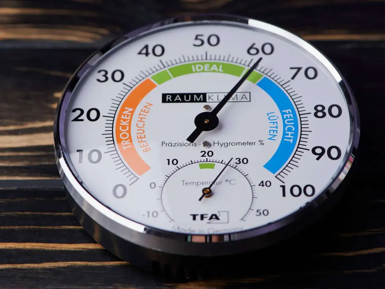 Rundes Hygrometer zeigt auf dem Zifferblatt 
