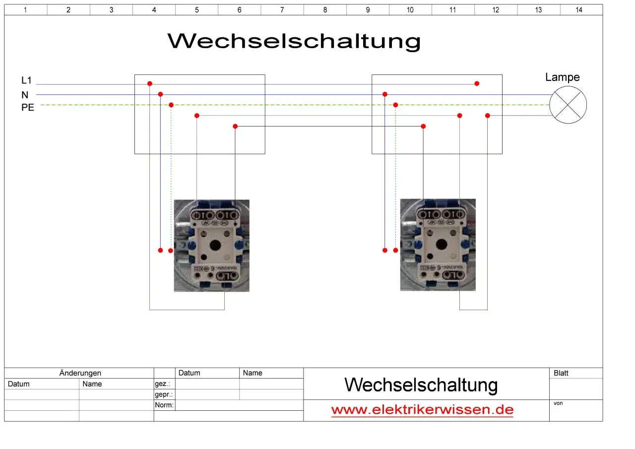Schaltplan einer Wechselschaltung mit zwei Schaltern, die eine Lampe steuern. Zeigt, was ein Wechselschalter ist und wie er funktioniert.