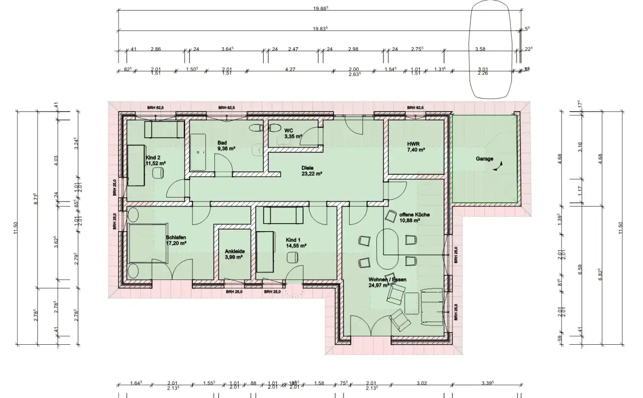 Grundriss mit Ma&szlig;en. Die dickeren Linien zeigen, wo man eine tragende Wand erkennen kann.